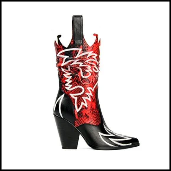 Mid Calf Cowboy Boots with Embroidery, Chunky Heel, Pointed Toe - Picture 3 of 7